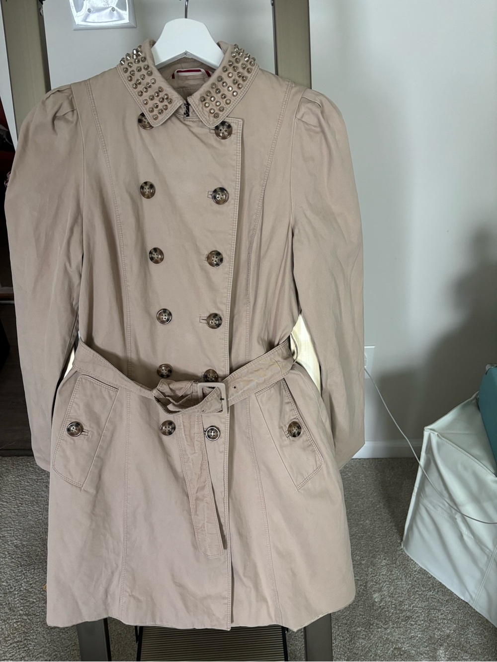Zara Beige Studded-Collar Double-Breasted Trench Coat